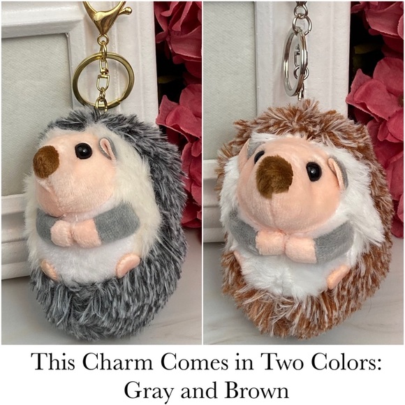 Fluffy Gray and White Hedgehog Keychain Charm - Picture 14 of 14